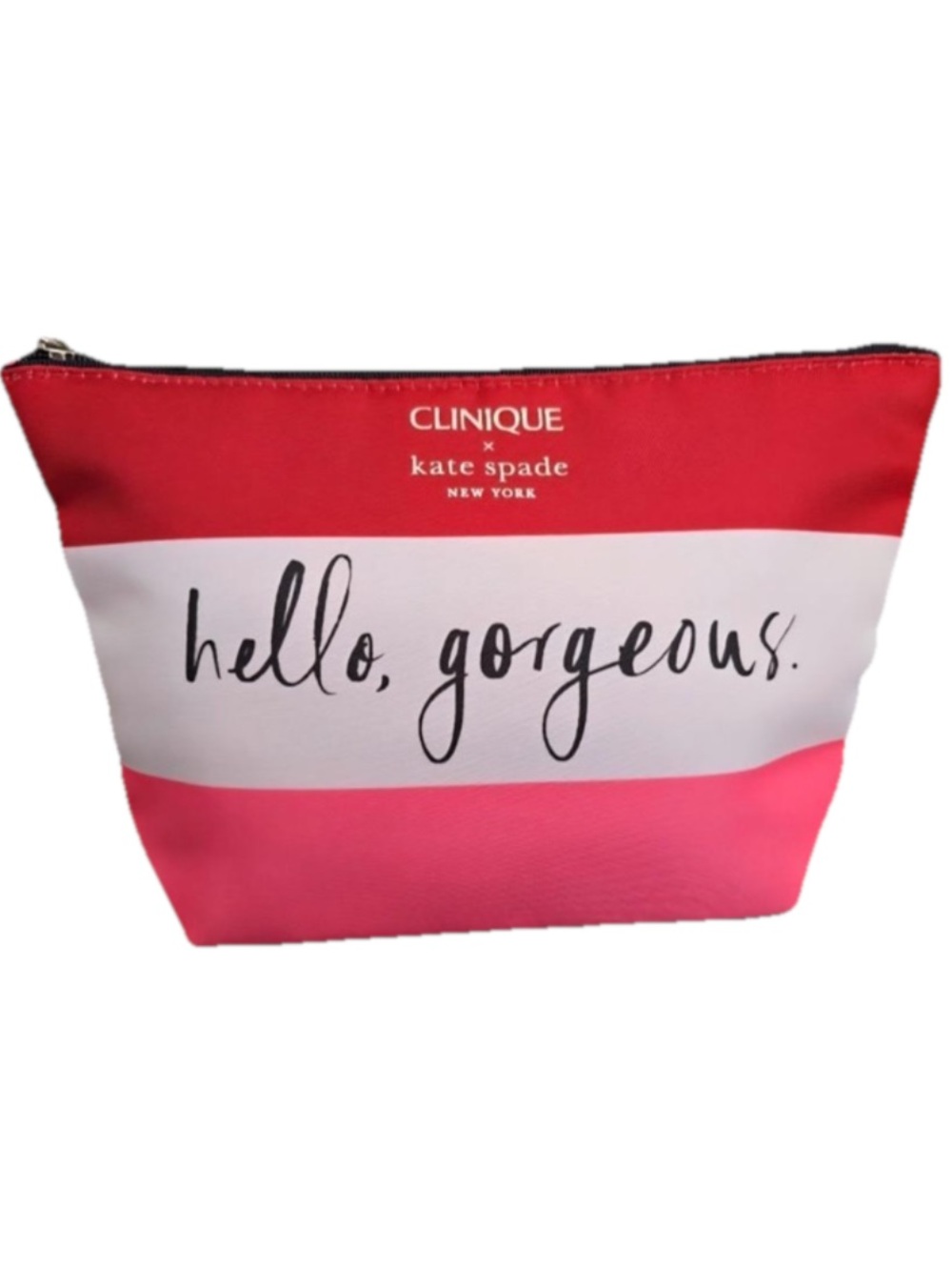 Clinique × Kate Spade pink white red makeup bag limited edition Hello Gorgeous